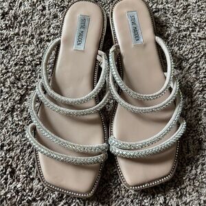 Steve Madden Beige Crystal Multi-Strap Slide Sandals